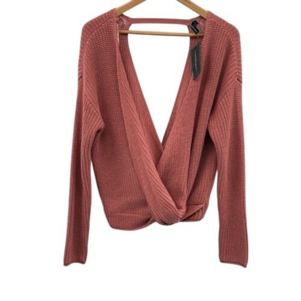 Moon & Madison Wrap Sweater Deep V Plunge Large Pink Coral Long Sleeve New